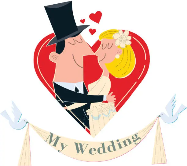 Vector illustration of Just married couple in hearth / Wedding