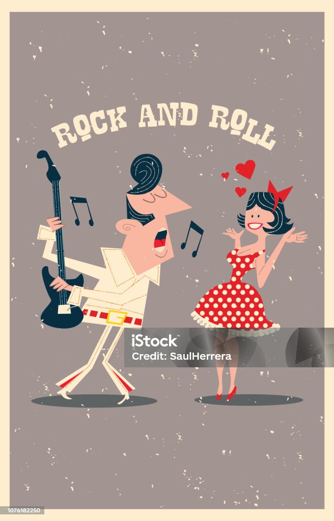 Rock Singer This passionate admirer of the King of Rock and Roll, he sings to an excited girl Elvis Impersonator stock vector