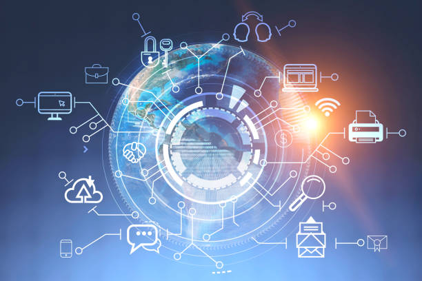 istock Business communication icons, earth hud 1076185062