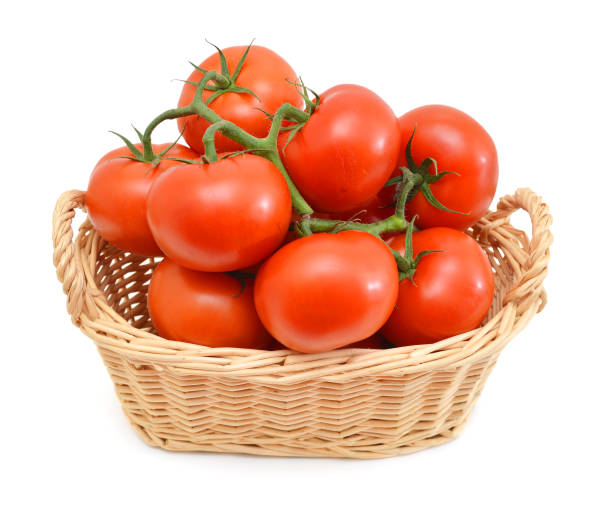 istock fresh tomatoes on the vine in basket on a white background 1076185136