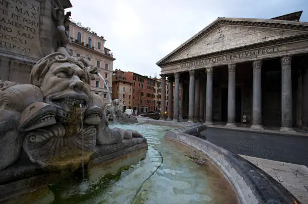 View of Pantheon and the fountain at Piazza della Rotonda - Rome / Italy