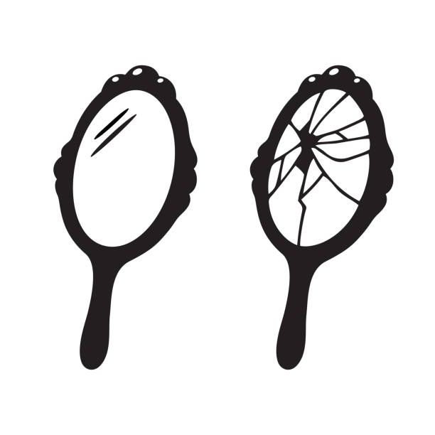 Hand mirror broken Broken hand mirror drawing, bad luck superstition vector illustration. mirror object drawings stock illustrations