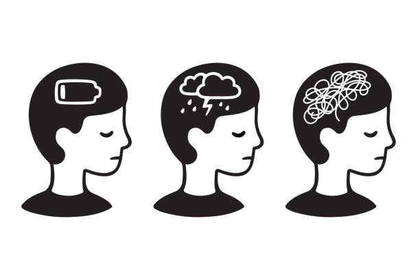 Mental health problems in children Child head profile with mental illness symptoms: depression, anxiety, low energy. Black and white drawing of mental health problems. edgy drawings stock illustrations
