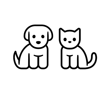 Simple line icon design of puppy and kitten. Cute little cartoon dog and cat vector illustration. Vet or pet shop symbol.