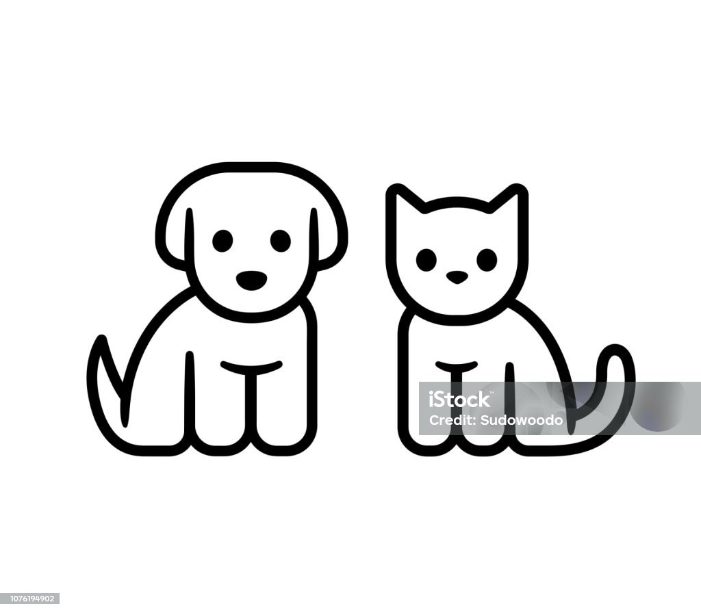 Puppy and kitten icon Simple line icon design of puppy and kitten. Cute little cartoon dog and cat vector illustration. Vet or pet shop symbol. Dog stock vector
