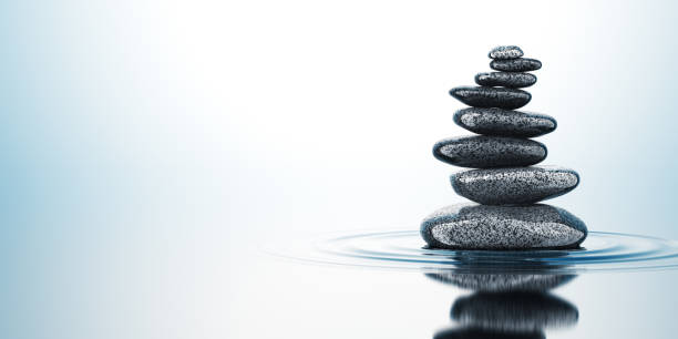 Balancing Stones On The Water Concept. 3D render. yoga studio photos stock pictures, royalty-free photos & images