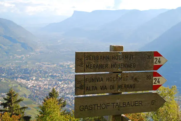 Hiking sign of the Meran High Alpine Tour (German: Meraner Hoehenweg, Ital.: Alta via di Merano). In the valley the city of Meran (South Tyrol, Italy)