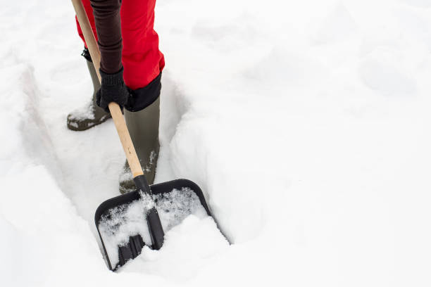 istock Woman using black plastic shovel with a wooden handle makes the path in the snow. 1076203744