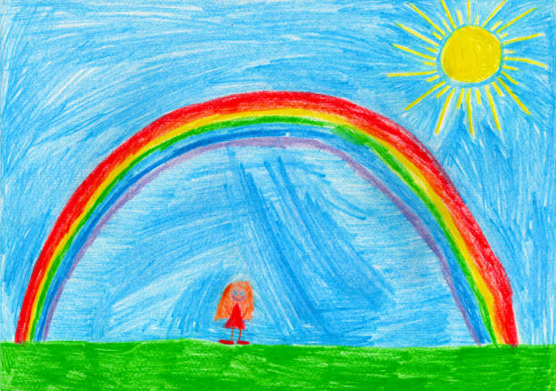 dibujo de niño de niña bajo el arco iris, - art product fotografías e imágenes de stock
