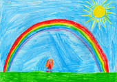 Small girl under the rainbow, child's drawing