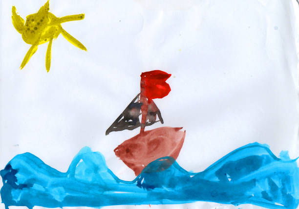 istock Small ship with red flag in the sea, child's drawing 1076211540