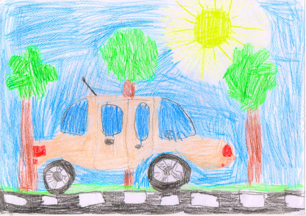istock Pink car on the road, trees, child's drawing 1076211780