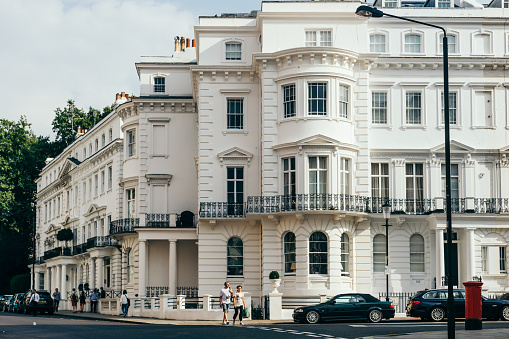 London/UK - July 21 2018: Victorian townhouses on the Kensington Park Road in Notting Hill, one of the most prestigious boroughs in London, UK