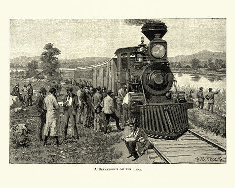 Vintage engraving of a Broken down wild west steam train, 19th Century