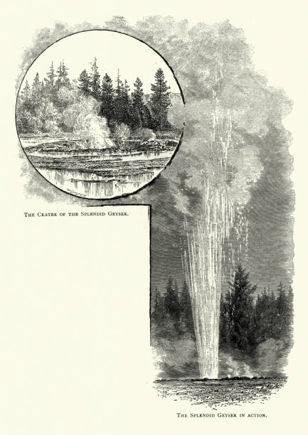 Vintage engraving of Splendid Geyser is a geyser in the Upper Geyser Basin of Yellowstone National Park in the United States.