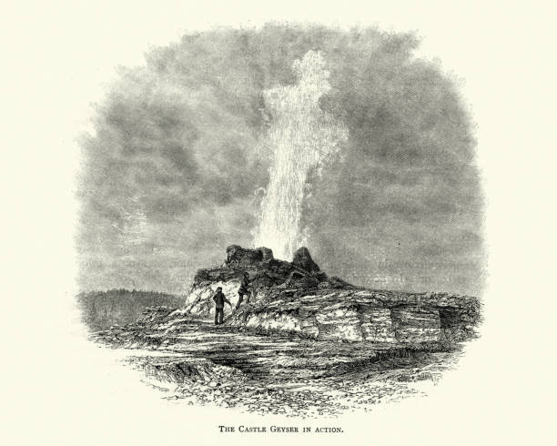 Vintage engraving of Castle Geyser is a cone geyser in the Upper Geyser Basin of Yellowstone National Park. It is noted for the particularly large geyserite sinter deposits, which form its cone.