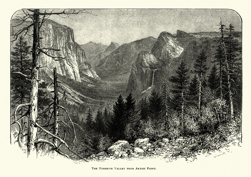 Vintage engraving of Yosemite Valley from Artist Point, 19th Century