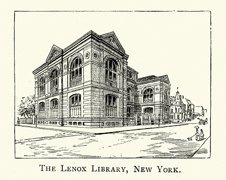 Vintage engraving of The Lenox Library was a library incorporated and endowed in 1870. It was both an architectural and intellectual landmark in Gilded Age-era New York City. It was founded by bibliophile and philanthropist James Lenox, and located on Fifth Avenue between 70th and 71th Streets. Renowned architect Richard Morris Hunt designed the building.