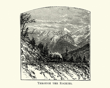 Vintage engraving of a Railroad throguh the Rocky Mountains, 19th Century