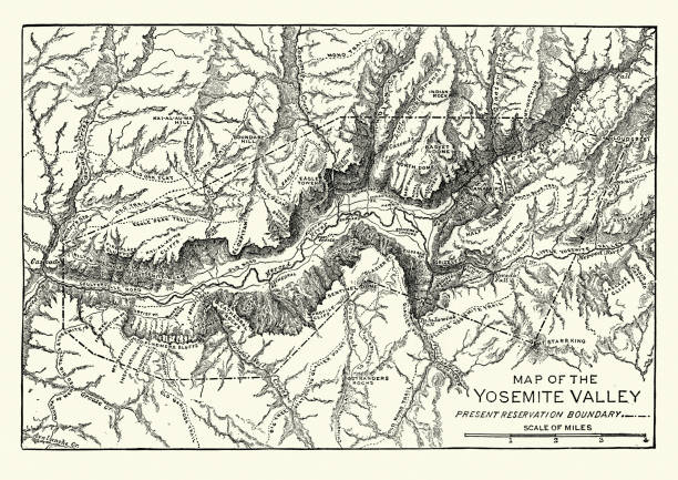 карта долины yosemite, 19-й век - yosemite valley stock illustrations