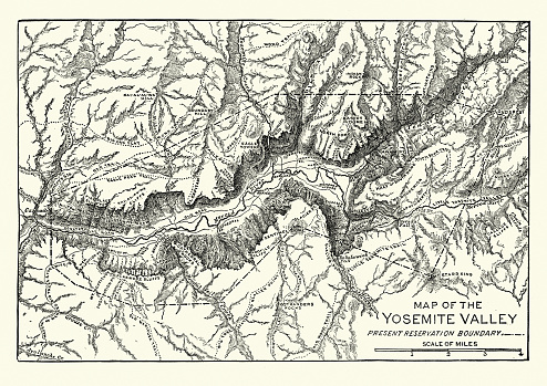 Vintage engraving of a Map of the Yosemite Valley, 19th Century