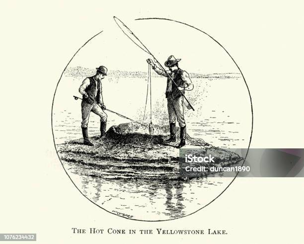 Fishing Hot Cone In Yellowstone Lake 19th Century Stock Illustration - Download Image Now