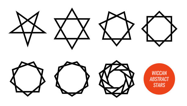 Wiccan symbol and all polygonal stars, pentagram, sexagram and other isolated on white - Big vector set of line symbols. Wiccan symbol and all polygonal stars, pentagram, sexagram and other isolated on white. Big vector set of line symbols. heptagram stock illustrations