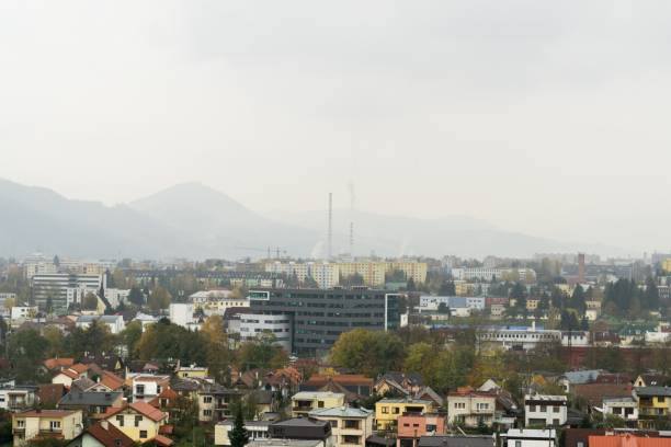 istock Sunrise and sunset over the hills and town. 1076239852