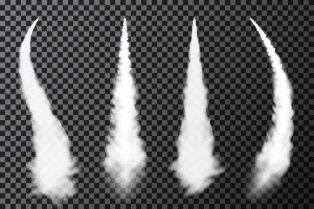 ilustrações de stock, clip art, desenhos animados e ícones de realistic airplane condensation trails. smoke from jet or rocket launch. set of smoke contrails - rasto de fumo de avião