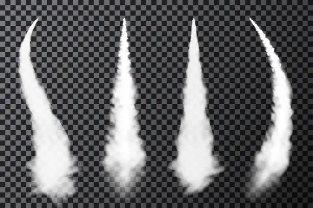 Vector illustration of Realistic airplane condensation trails. Smoke from jet or rocket launch. Set of smoke contrails