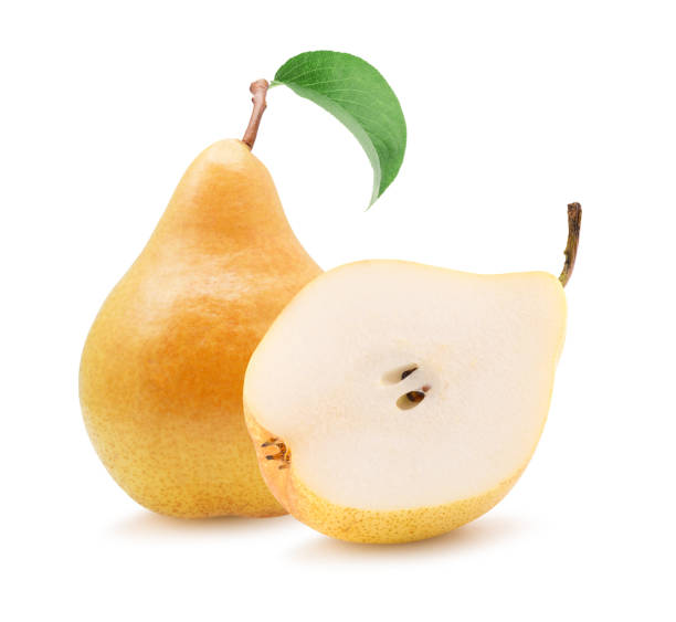 istock yellow pear with half of pear isolated on a white background 1076243268