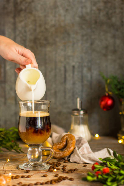 istock coffee in a transparent mug (with milk and spices). Top view. copy space 1076259880