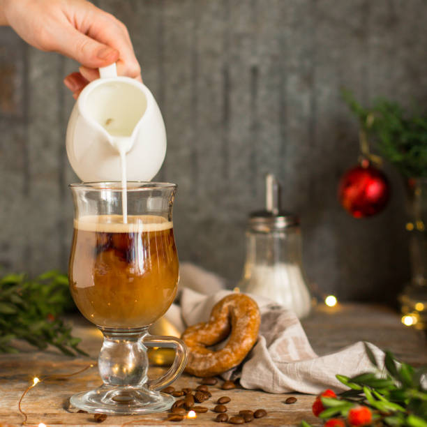 istock coffee in a transparent mug (with milk and spices). Top view. copy space 1076259898
