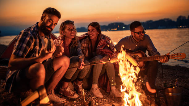 istock Friends having picnic around the fire 1076260192