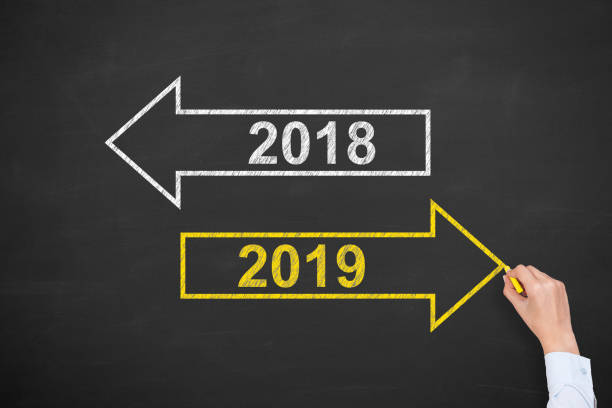 istock Human Hand Drawing Old Year or New Year 2019 on Chalkboard 1076278712
