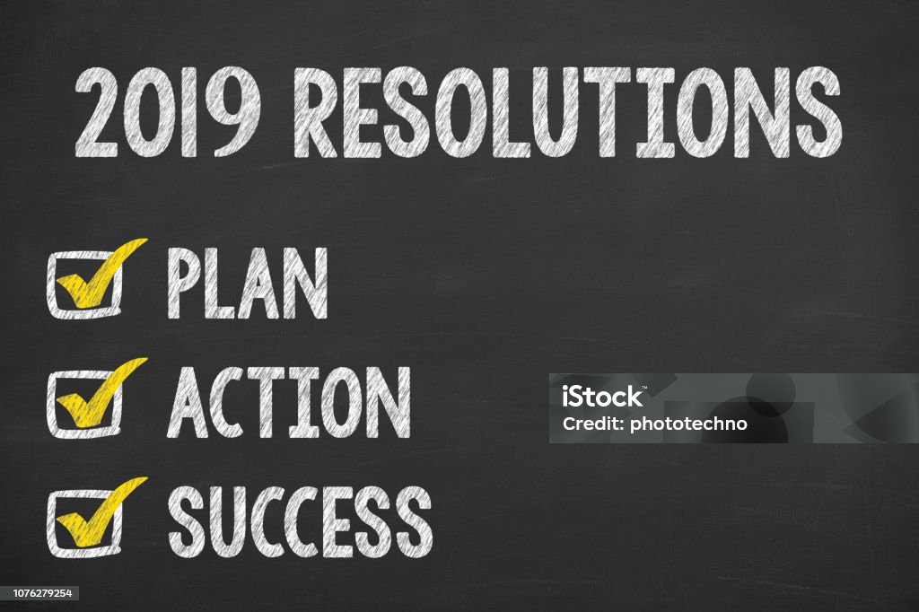 New Year 2019 Resolutions on Chalkboard Background 2019 Stock Photo