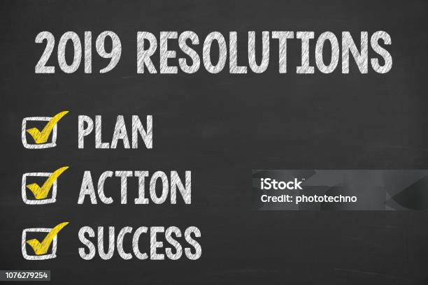 New Year 2019 Resolutions On Chalkboard Background Stock Photo - Download Image Now - 2019, Advertisement, Aspirations