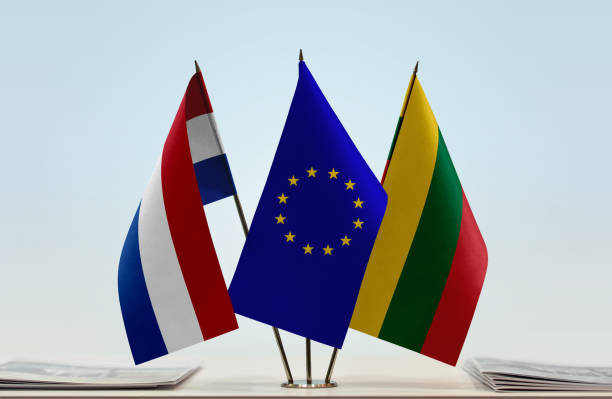 istock Flags of Netherlands European Union and Lithuania 1076281454
