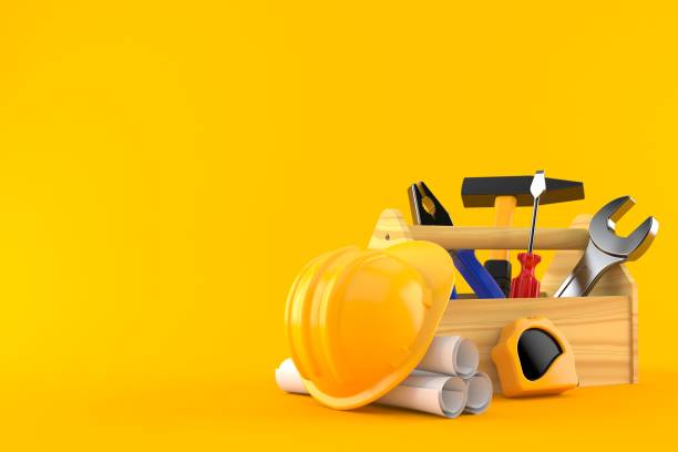 casella degli strumenti con progetti - toolbox hand tool work tool construction foto e immagini stock
