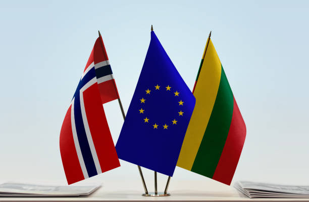 istock Flags of Norway European Union and Lithuania 1076293328