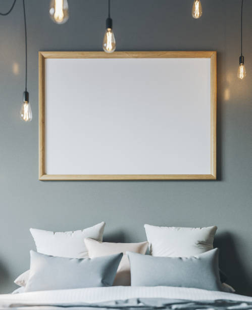 istock Cozy bedroom with empty poster frame. Frame mockup in interior. 1076301186