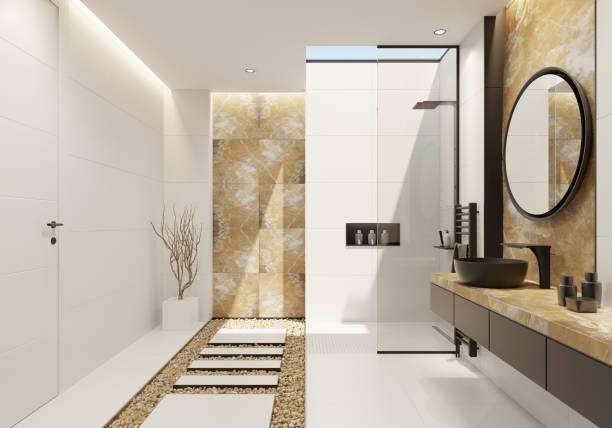 istock Luxury white bathroom with gold onyx and bold black details 1076306572