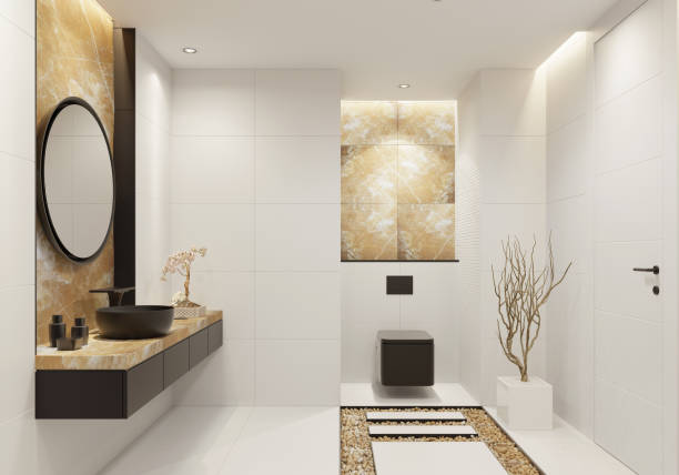 istock Luxury white bathroom with gold onyx and bold black details 1076307834