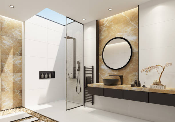 istock Luxury white bathroom with gold onyx and bold black details 1076307882