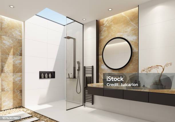 Luxury White Bathroom With Gold Onyx And Bold Black Details Stock Photo - Download Image Now