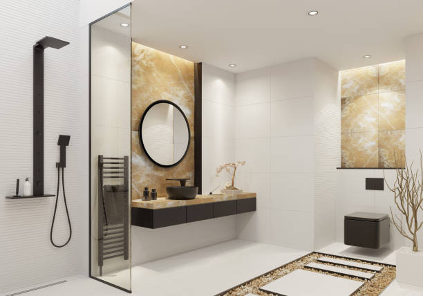 istock Luxury white bathroom with gold onyx and bold black details 1076307886