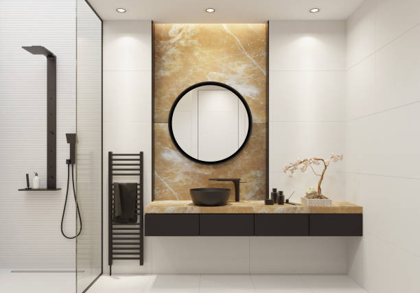 istock Luxury white bathroom with gold onyx and bold black details 1076308072