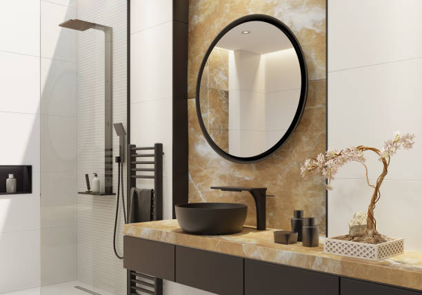 istock Luxury white bathroom with gold onyx and bold black details 1076308188