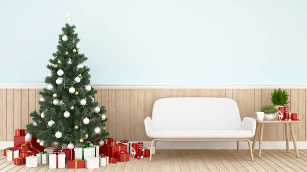 istock Christmas tree and gift box in living room on light blue wall decoarate -  Room artwork for Christmas day or happy new year- 3D Illustration 1076323206