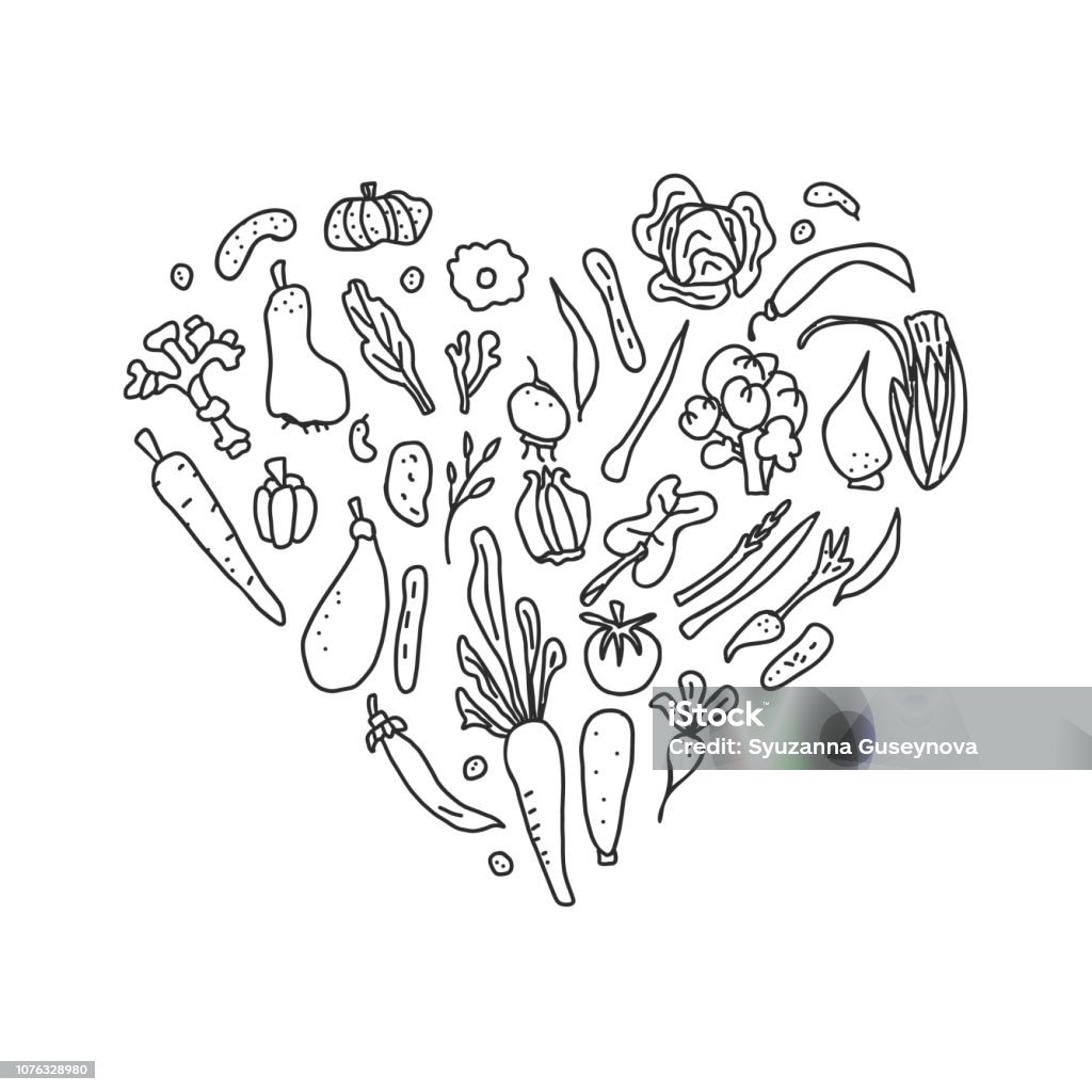 Set of vector vegetables doodle composition. Set of vector vegetables. Heart composition of veg in doodle style isolated on white background. Coloring stock vector